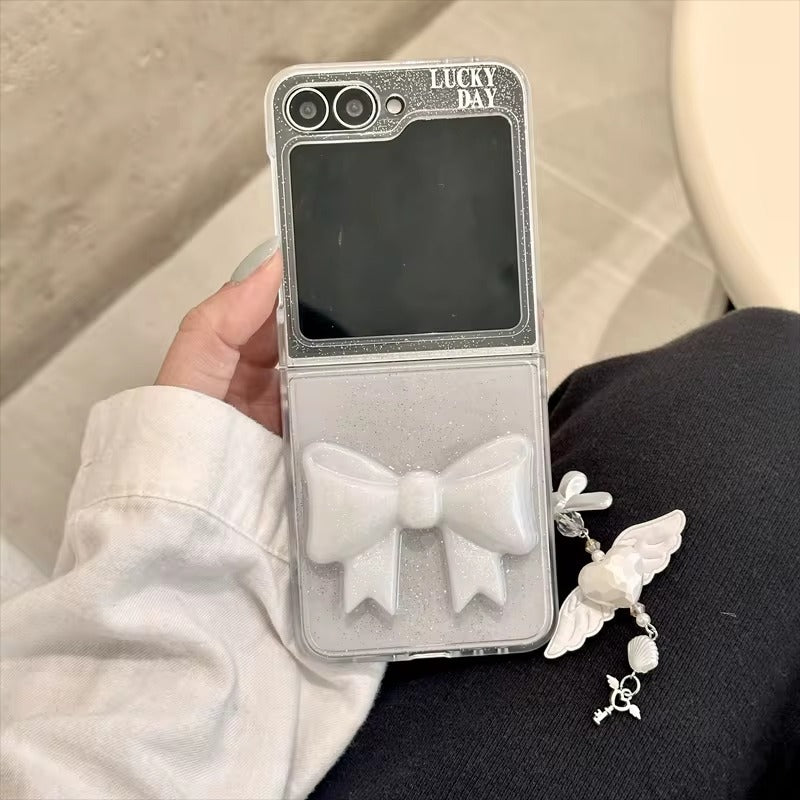 Samsung Galaxy Z Flip 6 Luxury Glitter 3D Big Bow Pearl Pendant Cover