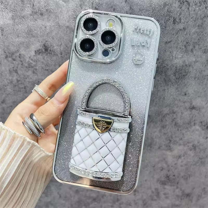 3D Rhinestone Bag Invisible Stand Mirror Glitter iPhone Case Silver