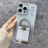 3D Rhinestone Bag Invisible Stand Mirror Glitter iPhone Case Silver