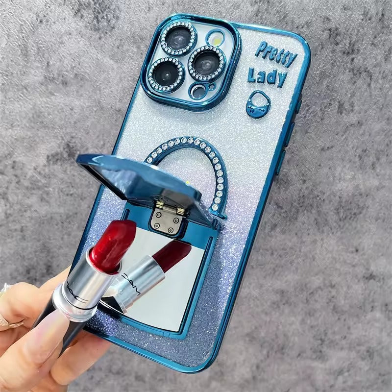 3D Rhinestone Bag Invisible Stand Mirror Glitter iPhone Case Silver