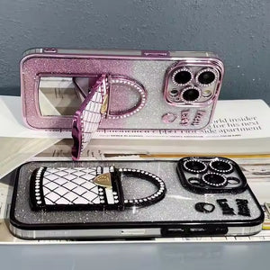 3D Rhinestone Bag Invisible Stand Mirror Glitter iPhone Case Silver
