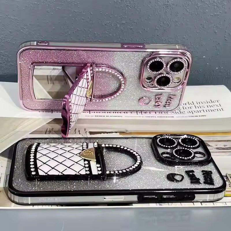3D Rhinestone Bag Invisible Stand Mirror Glitter iPhone Case Silver