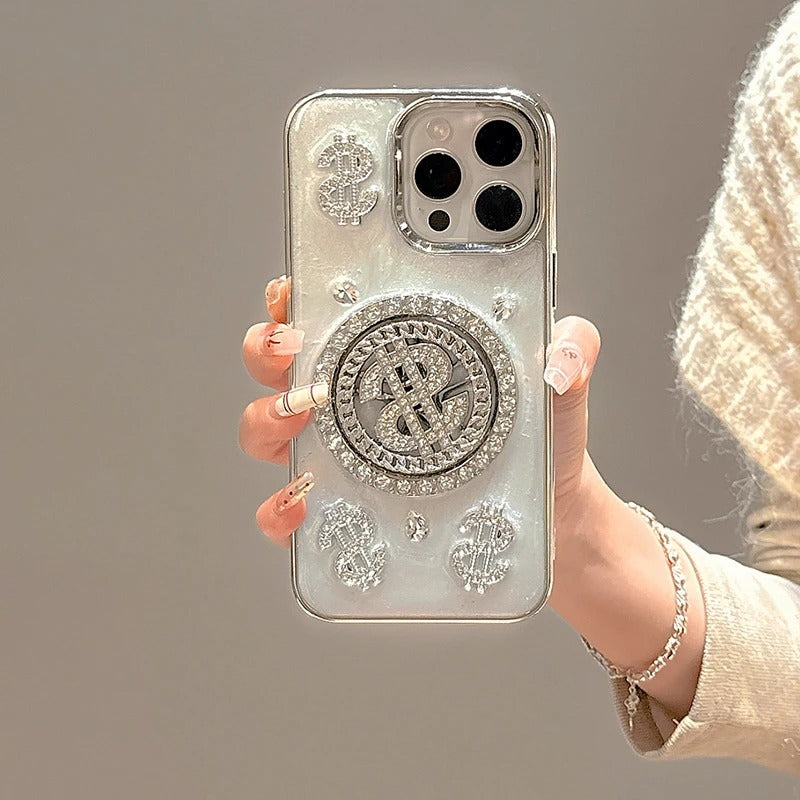 iPhone Premium Glitter Diamond Rotating Silver Dollar Case