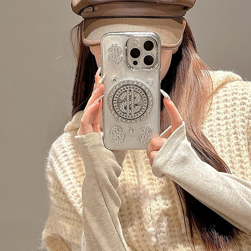 iPhone Premium Glitter Diamond Rotating Silver Dollar Case